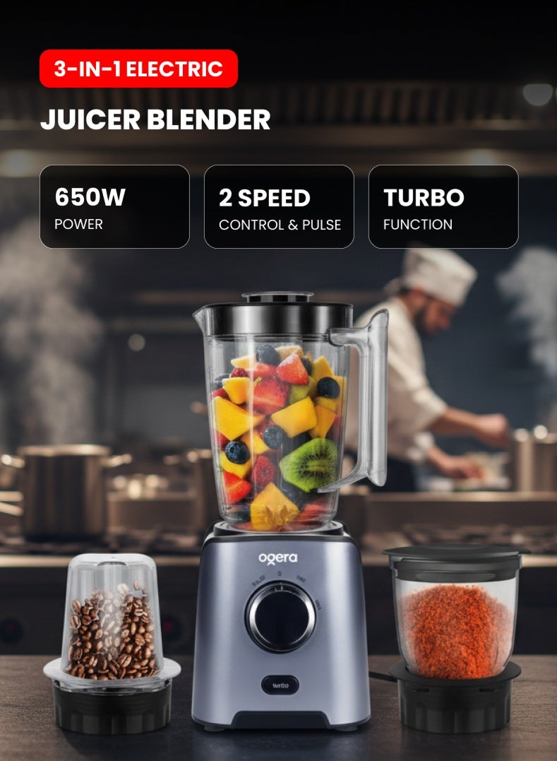 Compare OG5105BR 3in1 Electric Juicer Blender 650W with Unbreakable Juicer Jar, 2 Speed Control & Pulse, Turbo Function 2 year warranty at KSA Price
