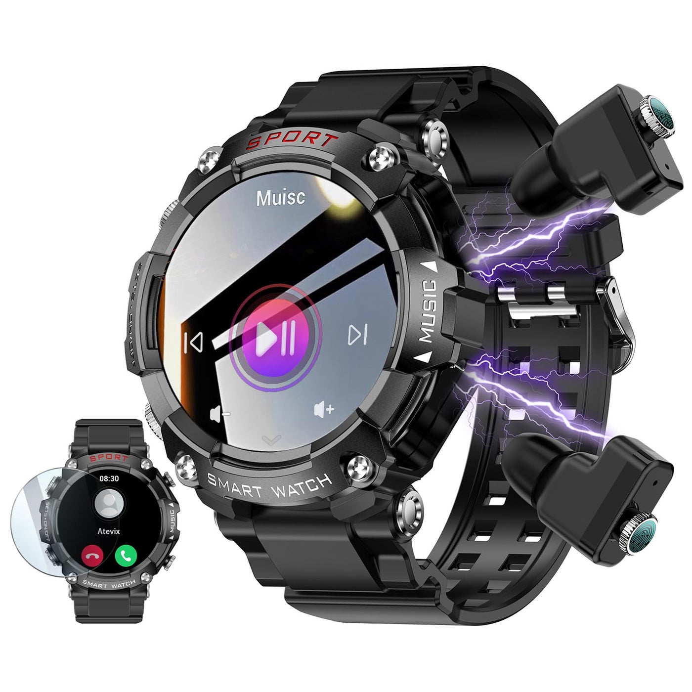 Compare ATEVIX Smart Watch with Earbuds, 1.52 HD Screen Smartwatch for Men, Rugged Military Bluetooth Call Fitness Tracker,3 in 1 Bluetooth Watch with Local Music,Sleep Monitor,Heart Rate at KSA Price