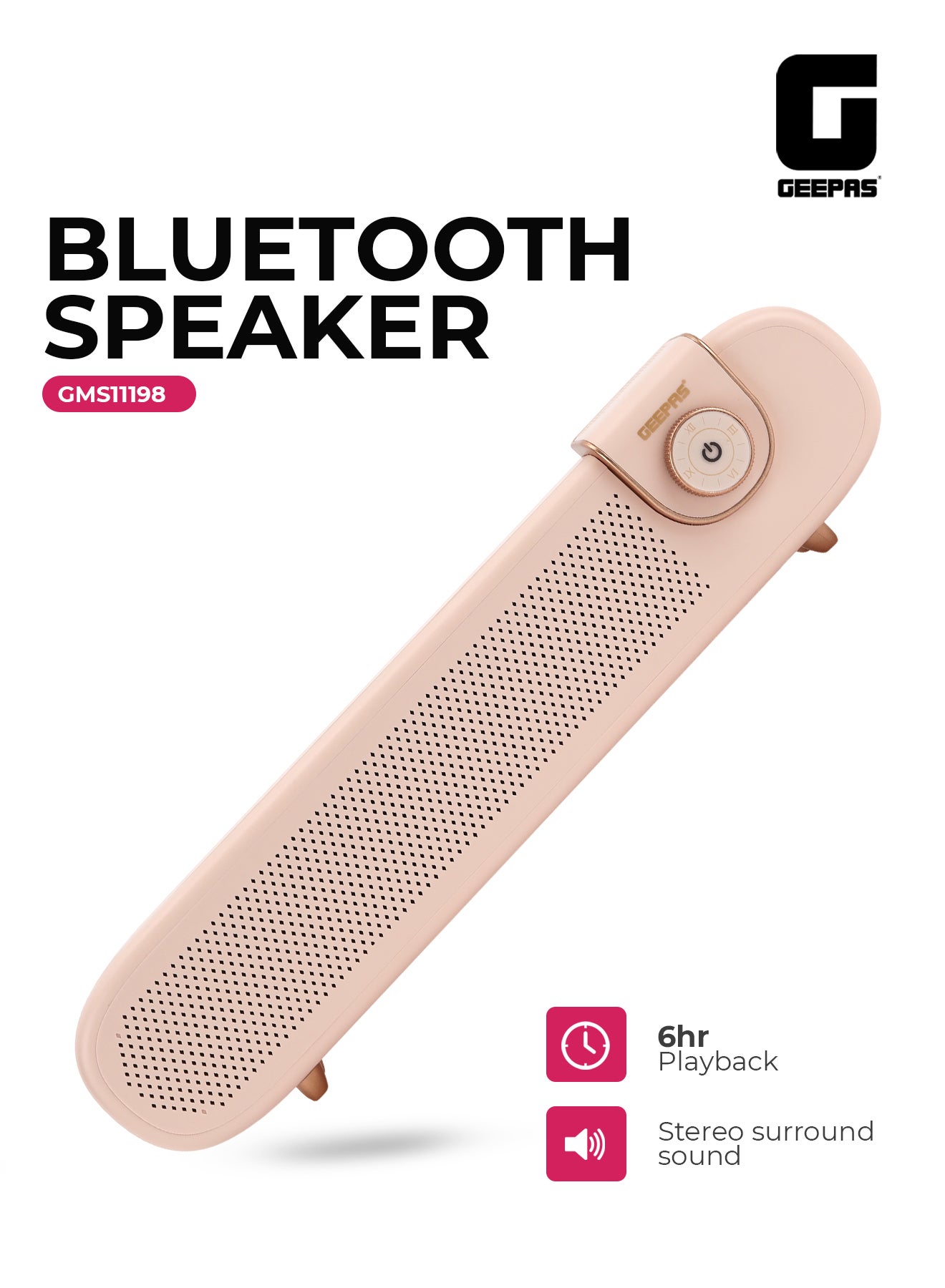 Compare Portable Stylish Bluetooth Speaker | 6 Hours Playtime, Stereo Surround Sound, TFUSBAUX Support | TypeC Charging, Compact Design GMS11198 | Pink pink at KSA Price