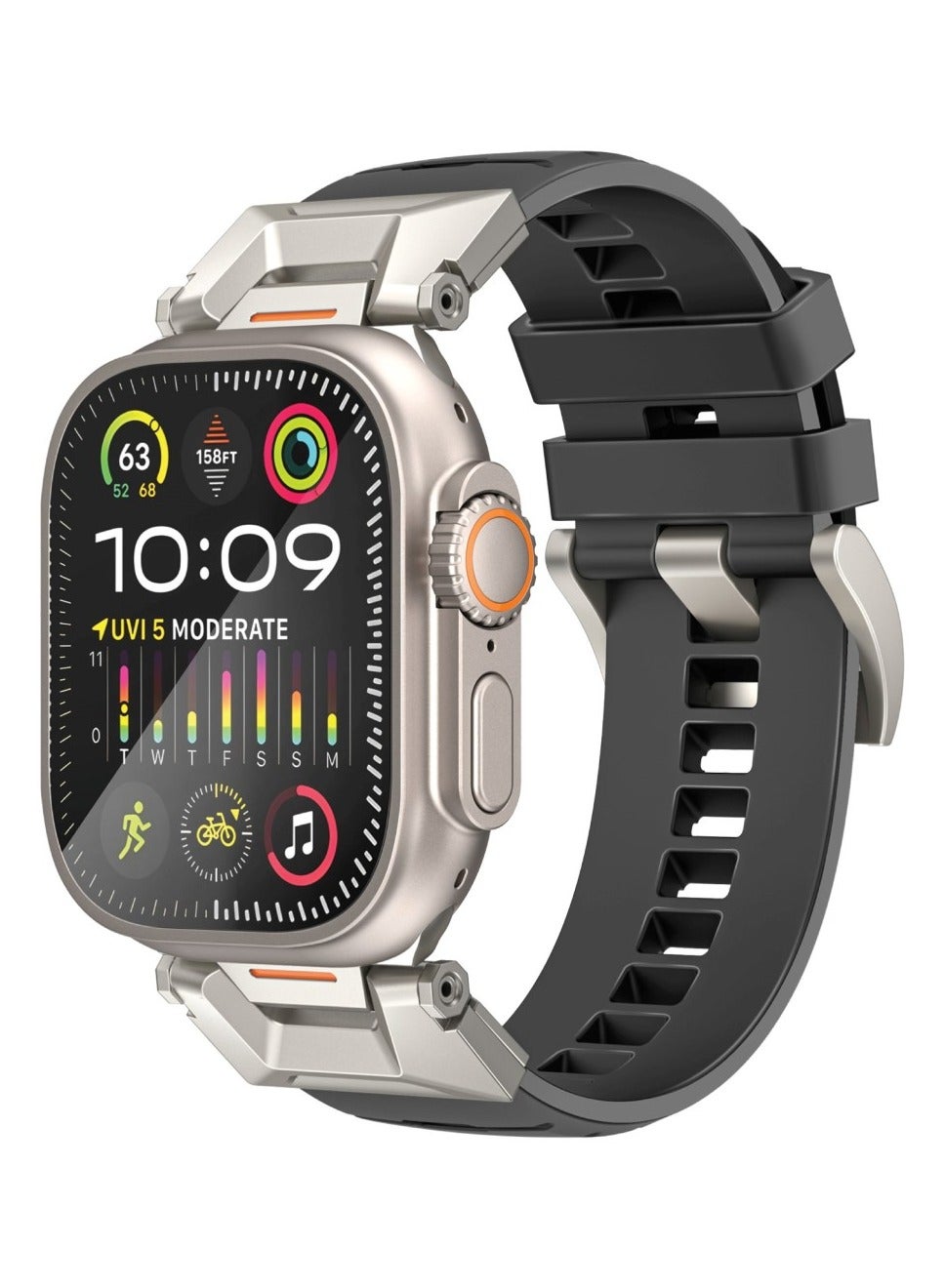 Compare Stylish Mechanical and Sporty Design Apple Watch Band with Flexible MultiHole Strap and Premium FKM FluoroRubber, Universal Compatibility with All Apple Watch Sizes and Series, LongLasting Durability SilicaBandPro Black at KSA Price
