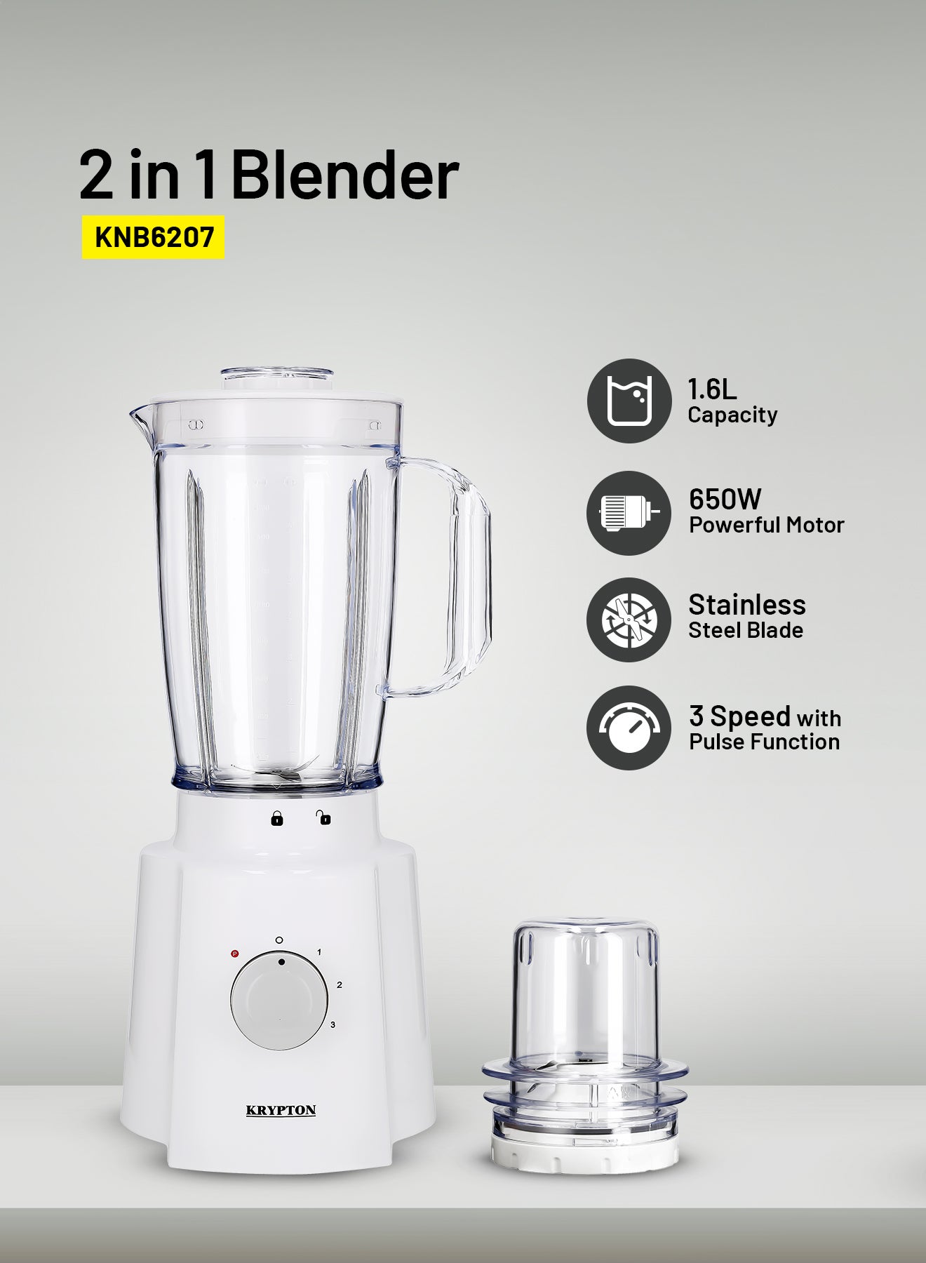 Compare 2 In 1 Blender With 3 Speed With Pulse Function, Stainless Steel Blade, Safety Interlock 1.6 L 650 W KNB6207N White at KSA Price