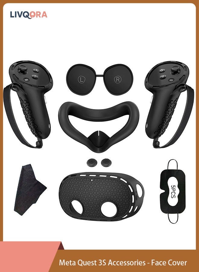 Compare Protective Cover for OculusMeta Quest 3S Accessories  Face Cover, VR Shell, Lens Cover, Controller Grip Cover with Knuckle Strap, Disposable Eye Covers, Cleaning Cloth  Full Protection VR Accessories Kit Black at KSA Price