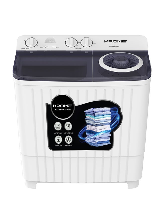 Compare Twin Tub SemiAutomatic Washing Machine, Powerful Wash With Mechanical Wash Timer, Intuitive Control, Durable Aluminium Spin Motor, 360W Wash Spin Input Power With 170W 8 kg KRWSA80K White at KSA Price