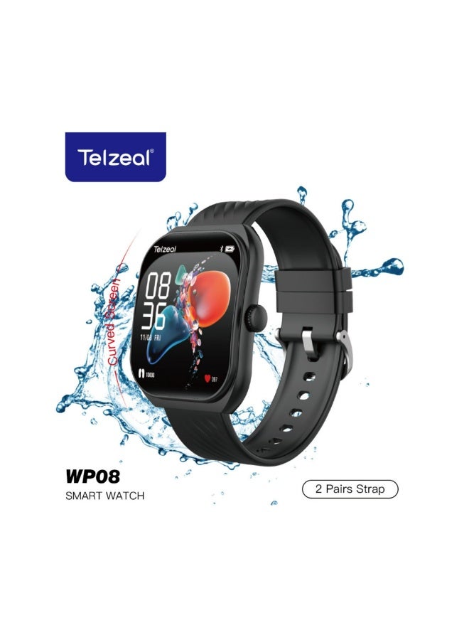 Compare WP08 Waterproof Smartwatch with Curved FullTouch Display, Dual Strap Set 2 Pairs, Stylish & Comfortable Design – Black at KSA Price