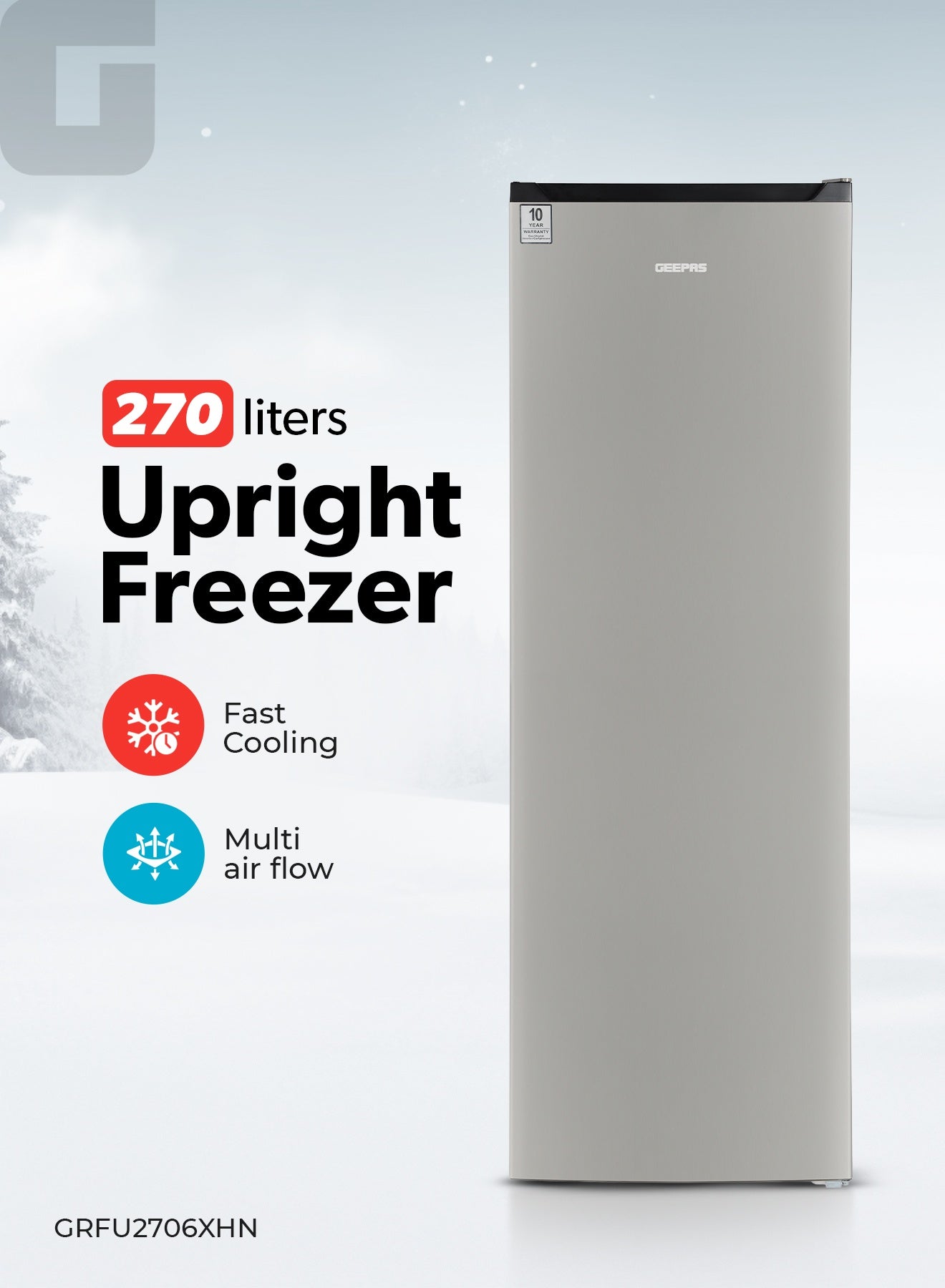Compare 270 L Upright Freezer Inverter Compressor | No Frost, Fast Cooling, Reversible Door, Stainless Steel | Multi Airflow , Reversible Door | Super Freeze Function, Door Open Alarm 140 W GRFU2706XHN Silver at KSA Price