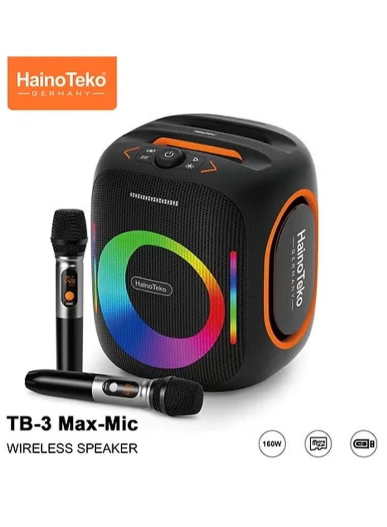 Compare TB3 Max Wireless Portable Bluetooth Speaker with 2 Wireless Mics, 160W Output Power, RGB Lighting, MultiFunctional Button Control for Indoor & Outdoor, Black at KSA Price