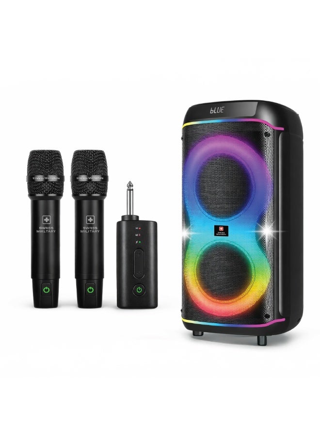 Compare Swiss Military 1000W Bluetooth Party Speaker with Dual Wireless Karaoke Mics | 80W RMS Tower Speaker | Deep Bass, RGB Lights, TWS Pairing | USB, AUX, MicroSD, FM Radio | Home & Outdoor Party Speaker at KSA Price