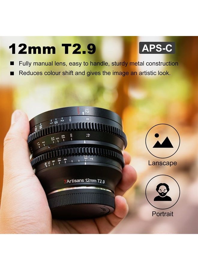 Compare 7 Artisans 12mm T2.9 Large Aperture APSC Ultra Wide Angle Cine Lens, Manual Fixed Focus Low Distortion Cinema Lens Compatible for MFT M43 Mount, Black at KSA Price
