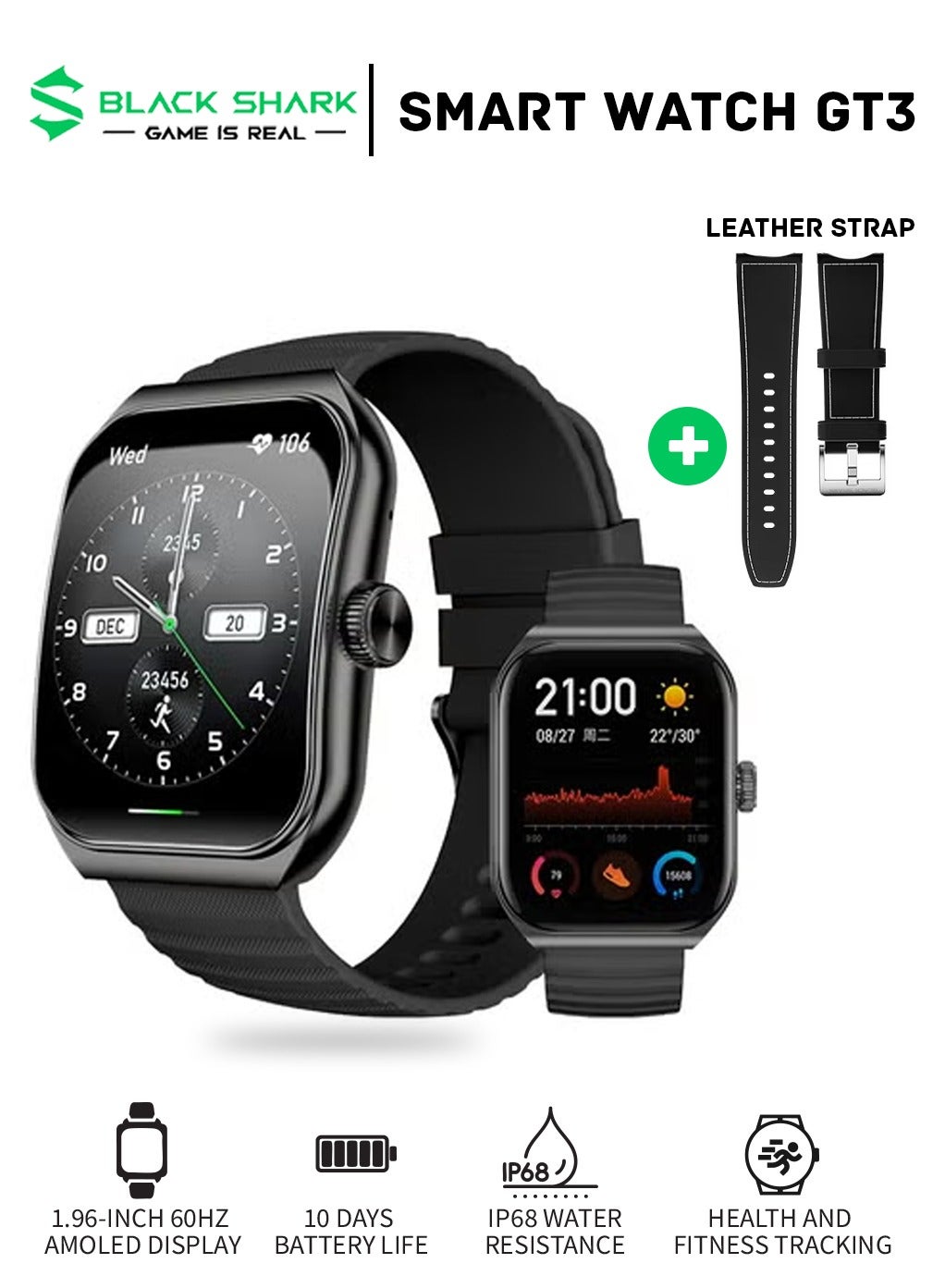 Compare GT3 Smartwatch 1.96 AMOLED Display, 100+ Sports Modes, Up to 10Day Battery, Bluetooth Calling With ENC & IP68 Water Resistant Dual Strap  Black at KSA Price