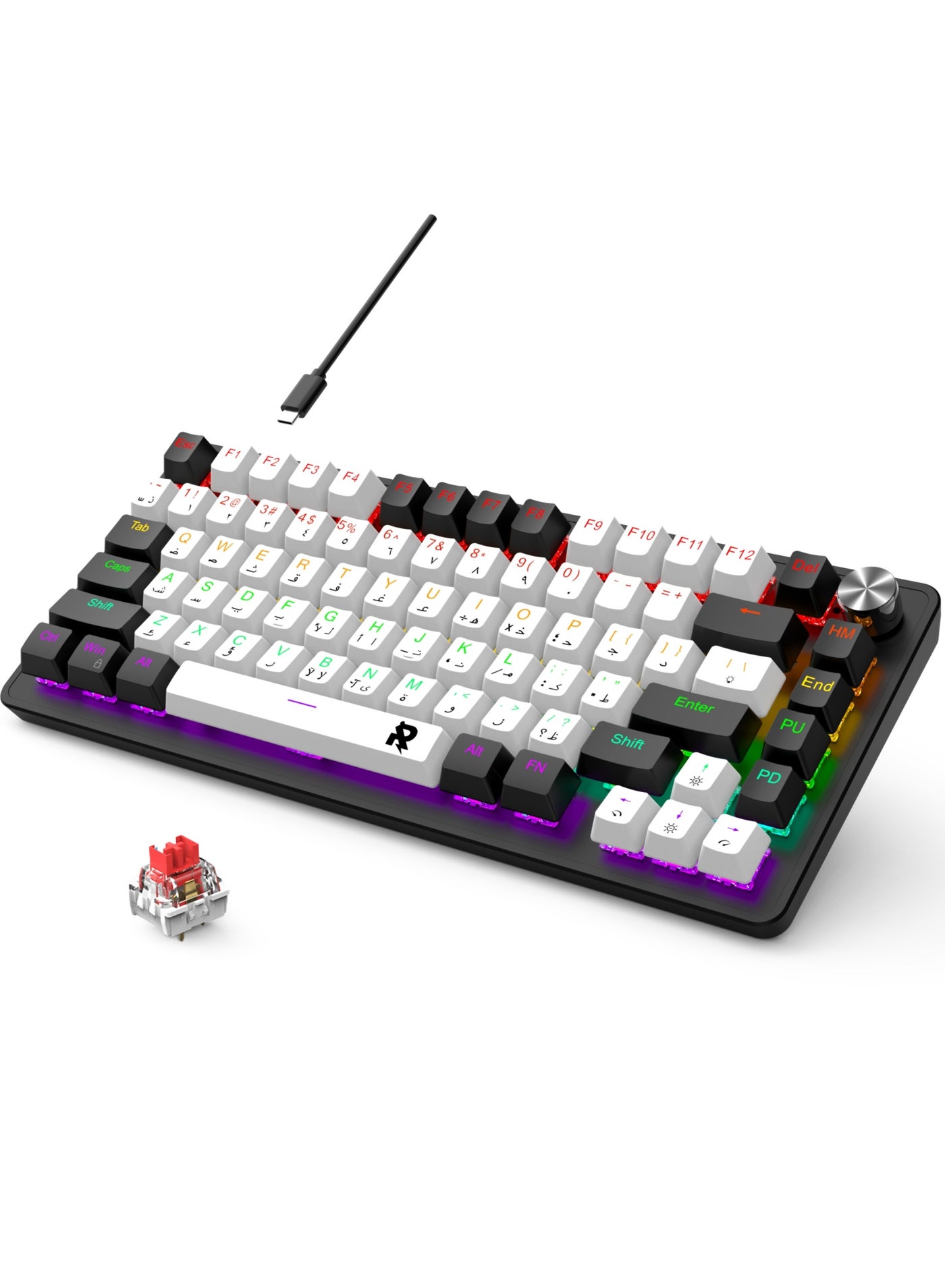 Compare ROCK POW 70% Gaming Keyboard,Arabic English 82 Keys Mechanical Keyboard with RGB Backlit 19 Modes,Volume Lighting Knob Wired Mini PBT Keycaps for PC Gaming and Working Blue SwitchWB at KSA Price