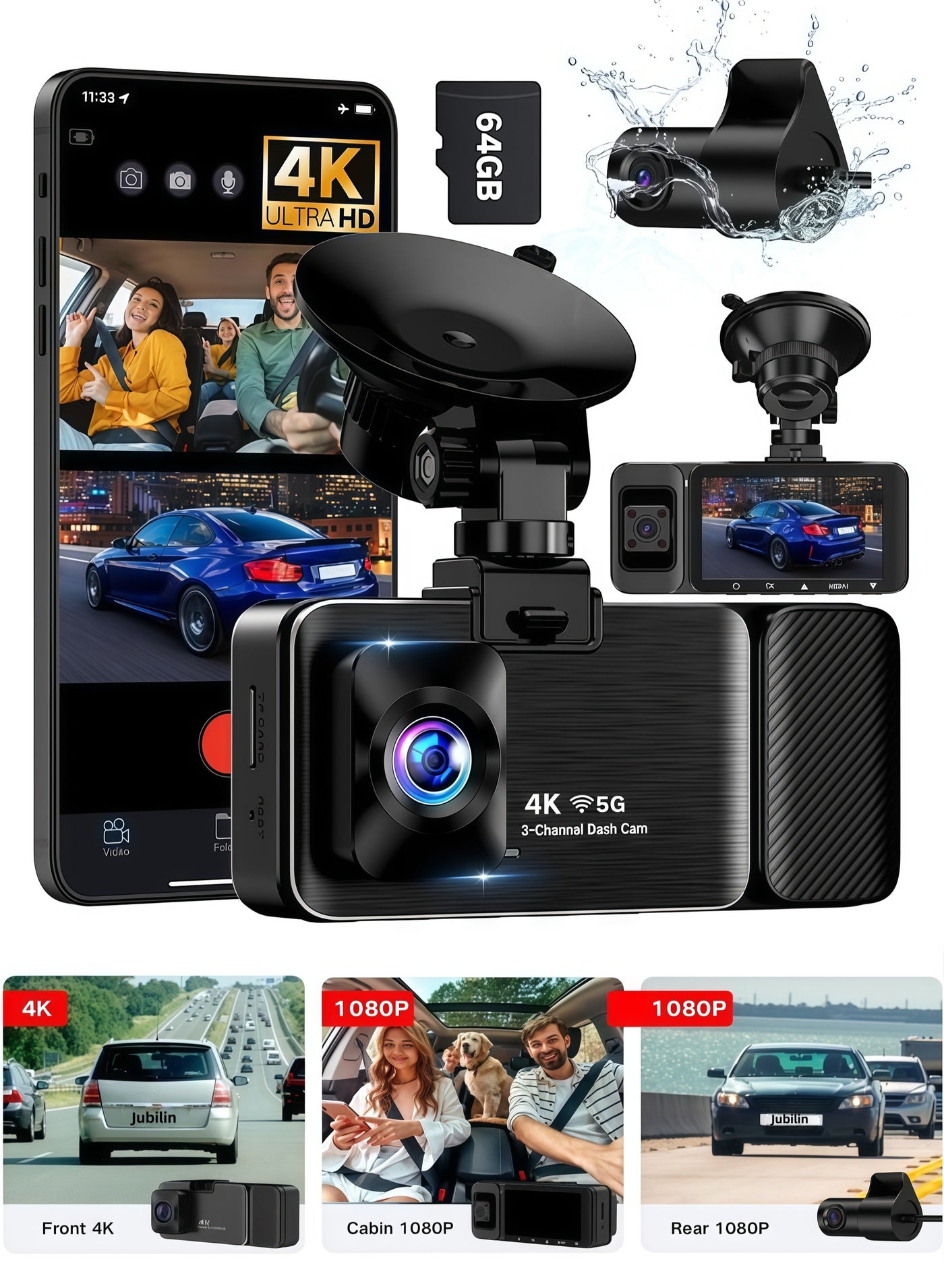 3 Channel 4K Dash Cam Front and Rear Inside…