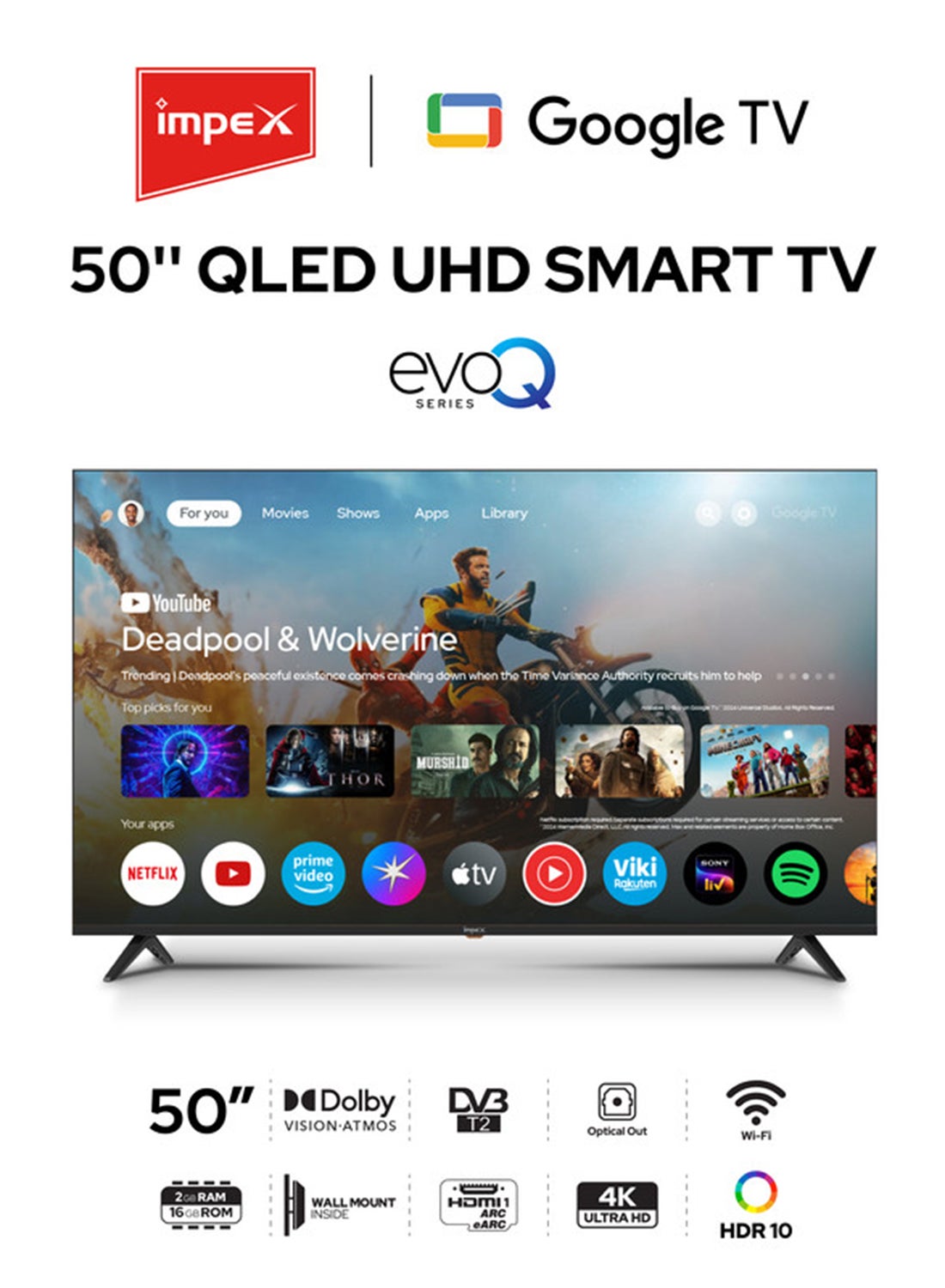 Compare 50 Inch Google QLED 4K Ultra HD TV – 120Hz Refresh Rates Television Music And Songs Entertainment, Dolby Audio, HDMI ARC, DVB T2S2, 2GB RAM + 16GB ROM, Voice Remote, BluetoothWiFi, Wall Mount, 2xUSB, 4xHDMI – 2Year Warranty evoQ 50S4QLC2R120 Black at KSA Price