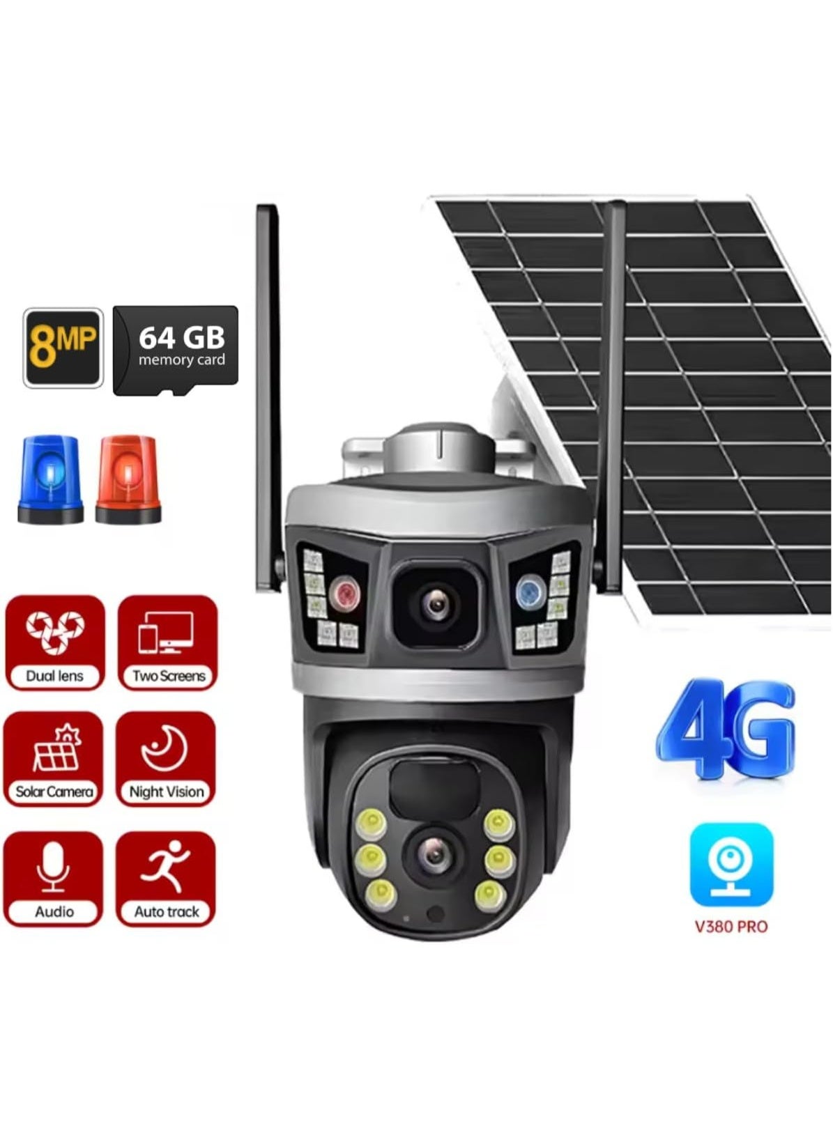 Compare 8MP Dual Lens Outdoor CCTV Camera for Home – 360° Wireless Security Camera with 4G SIM Connectivity, Solar Powered, FullColor Night Vision, PIR & AI Human Detection, TwoWay Audio, 64GB Memory, – 1 Piece at KSA Price