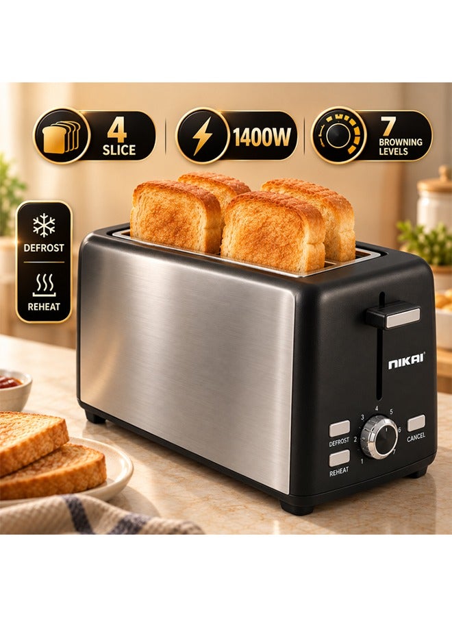 Compare 4 Slice Bread Toaster Powerful 1400W With 7 Browning Setting Control Perfect Toast With Defrost Cancel Functions And Removable Crumb Tray Sleek Design Superior Toasting Performance 4 Slices 1400 W NBT666S1 BlackSilver at KSA Price