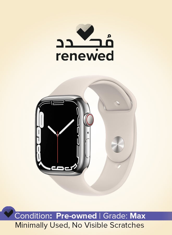Compare Renewed  Watch Series 7 GPS + Cellular, 45MM Silver Stainless Steel Case With Sport Band Starlight at KSA Price