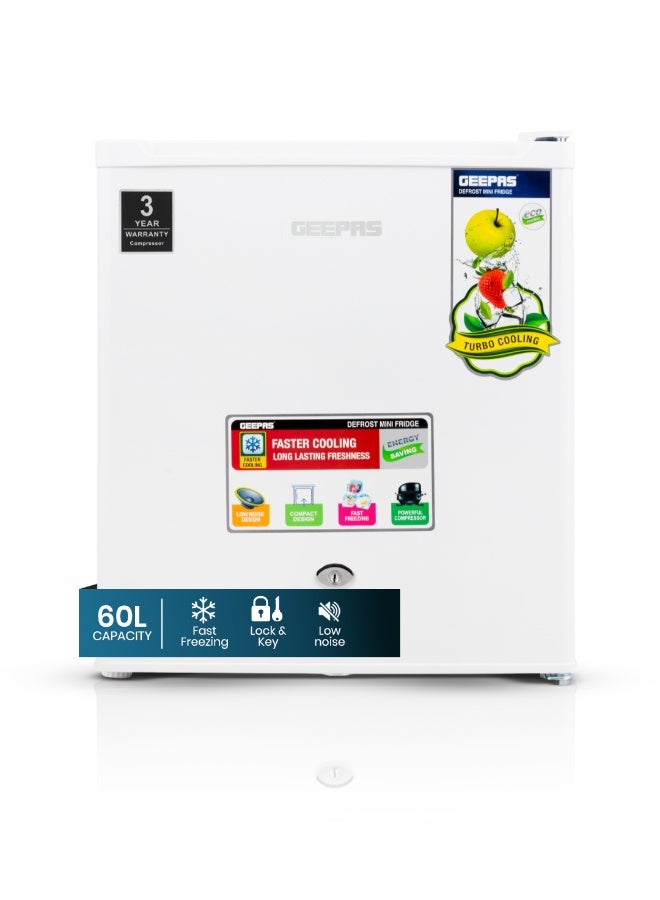 Compare Defrost Mini Fridge 60L| Door Lock and Key Low Noise Design Compact Powerful Compressor Energy Saving Fast Freezing Adjustable Thermostat GRF654WPEN White at KSA Price