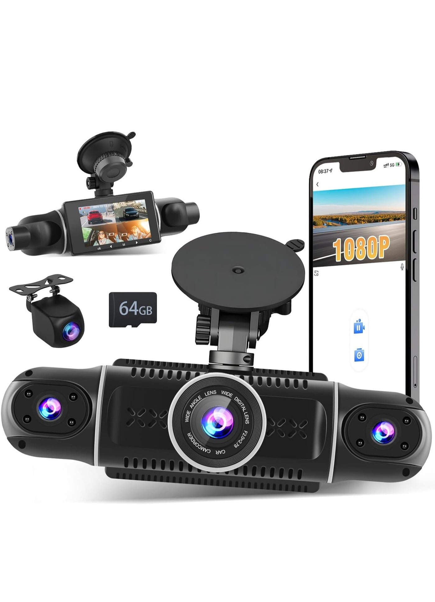 Compare 360°Dash Cam  1080P Front and Rear View 4 Channel Dash Camera for Car, Builtin GSensor, IR Night Vision, 24H Parking Mode, 64GB TF Card, Loop Recording, APP Control at KSA Price