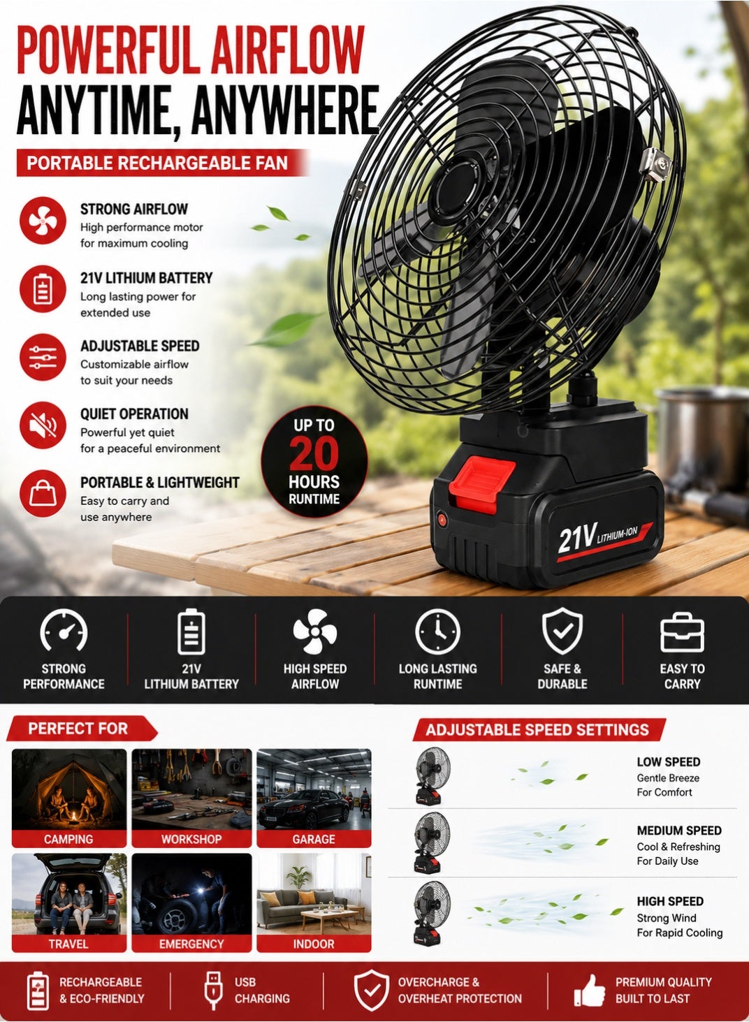 Compare 21V Lithium Battery Portable Table Fan  Camping Electric Fan  High Power Rechargeable Fan  Strong Airflow, Adjustable Speed, Quiet Operation Small Battery Fan at KSA Price