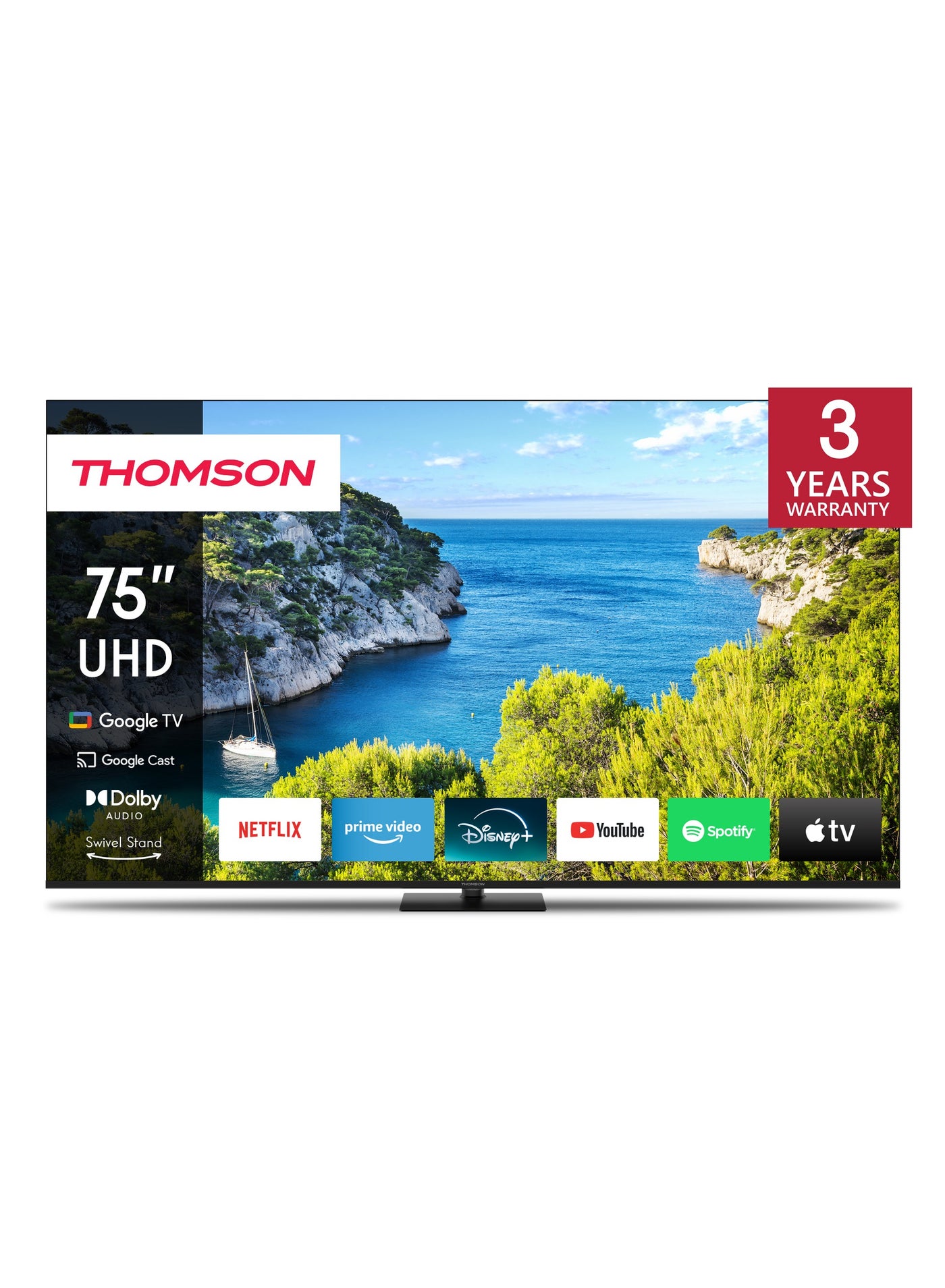 Compare Thomson 75Inch 4K UHD Smart Google TV – 2025 Model with Central Stand, Smart Voice Control, Google Voice Assistant, Builtin YouTube & Netflix, Frameless Ultra HD LED Display, 3840x2160 Pixels at KSA Price