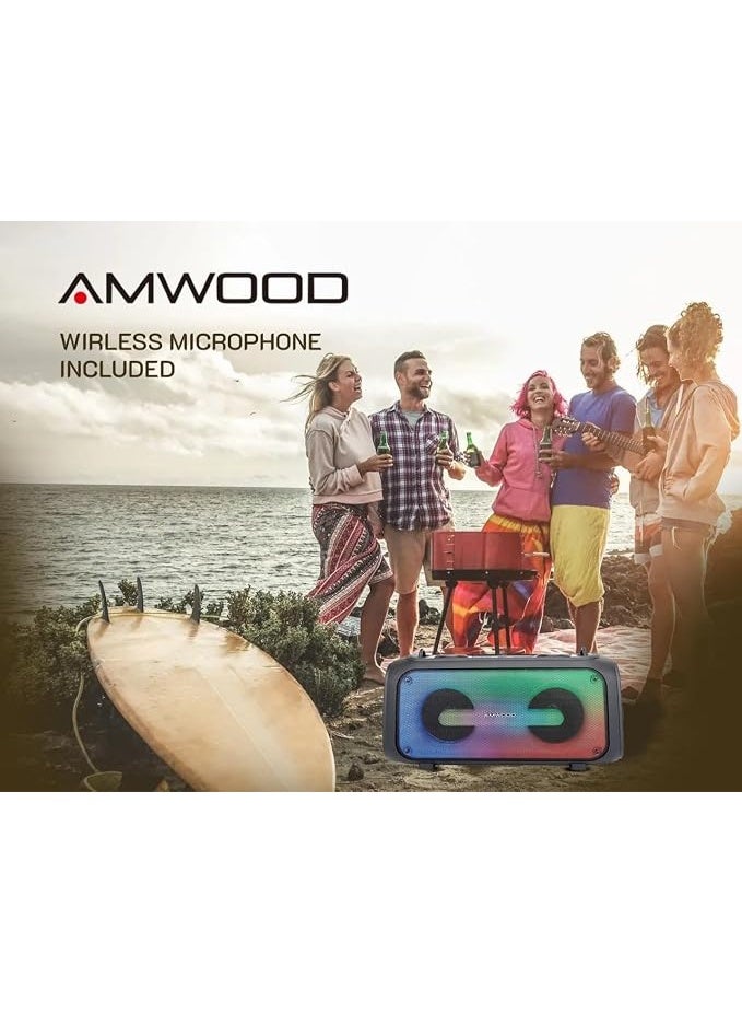 Compare AMWOOD Sound Blaster Portable Bluetooth Speaker, 40W Output, LED Lights, Wireless Mic, FM Radio, USBTF Card Slots at KSA Price
