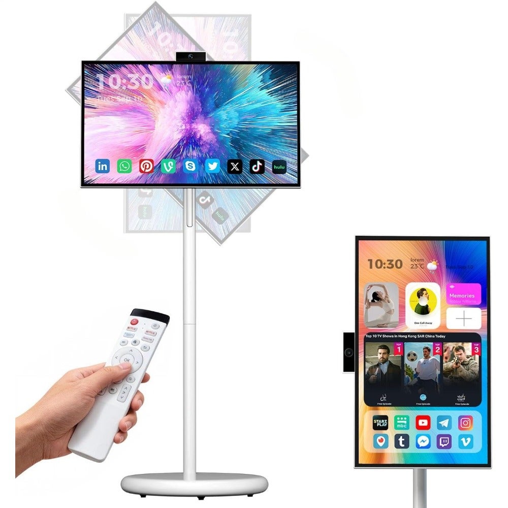Compare Portable TV on Wheels for home office use, ABS plastic body, matte black finish, 27inch touch screen with 1080P resolution, 6+128GB Android 15, EDLAcertified, 27000mAh battery, WiFienabled, cordless mobility at KSA Price