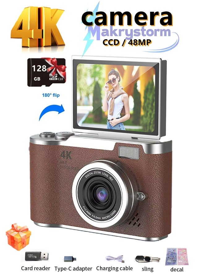 Compare 4k CCD Digital Zoom Student Digital Camera 48MP Portable Digital Photography Camera 180° Flip Screen Selfie Camera，with 128GB SD card at KSA Price