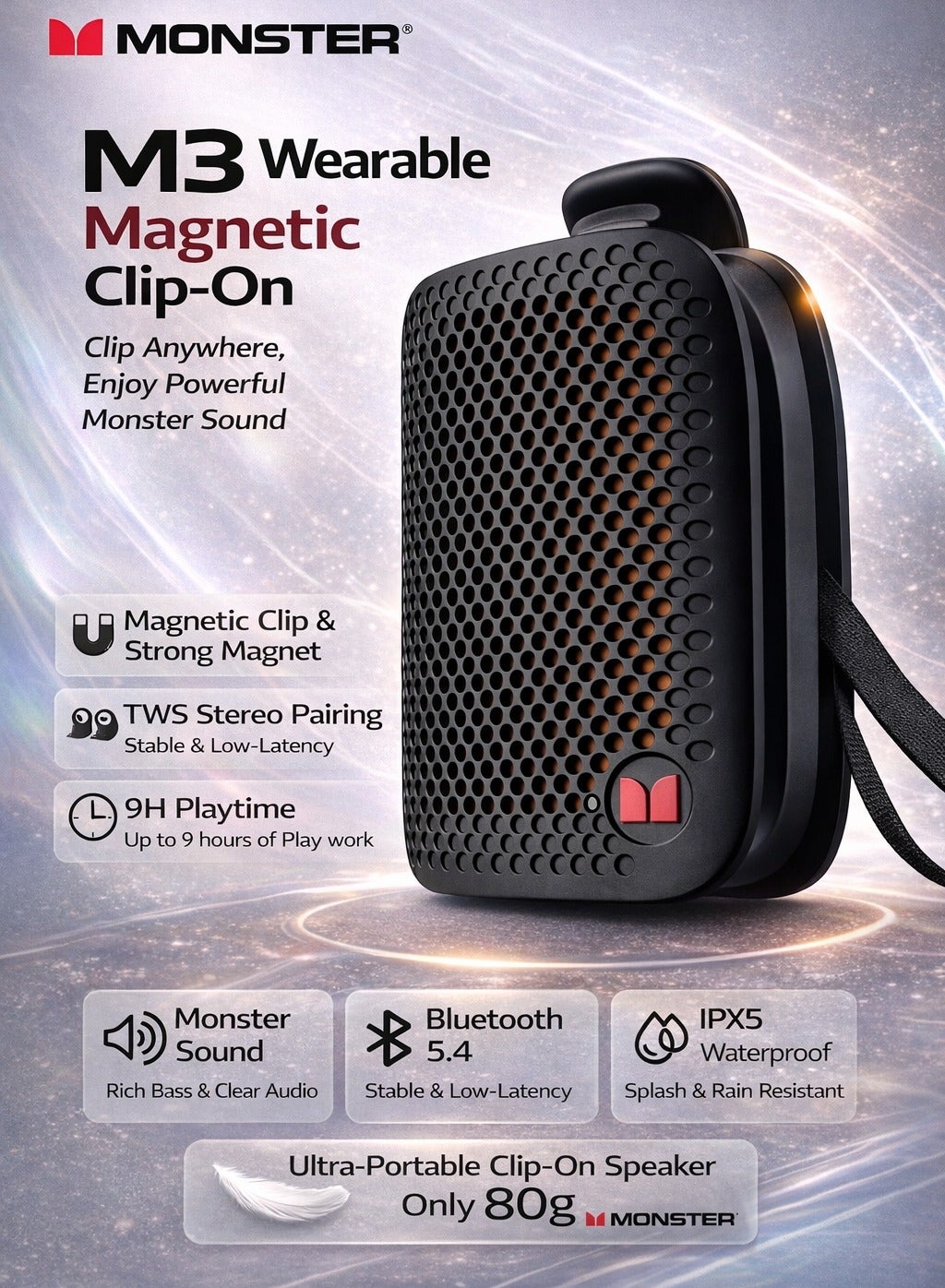 Compare Monster M3 Wearable Magnetic ClipOn Bluetooth Speaker, Portable Wireless Speaker with TWS Stereo, Bluetooth 5.4, IPX5 Waterproof, 9H Playtime, Lightweight Mini Speaker for Outdoor & Travel at KSA Price