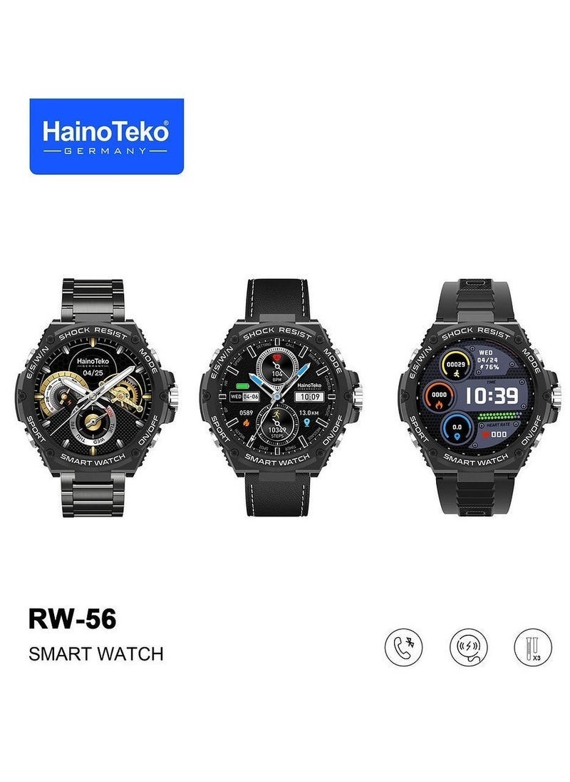 Compare RW56 Round Shape AMOLED Display Smart Watch – Stylish and Functional Watch with 3 Pairs of Straps, Wireless Charger, Fitness Tracker, Heart Rate Monitor, Compatible with Men and Boys – Black at KSA Price