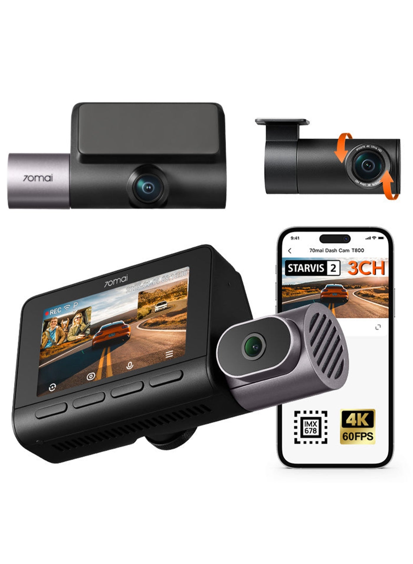 70mai 4K 3 Channel Dash Cam T800-41, Car…