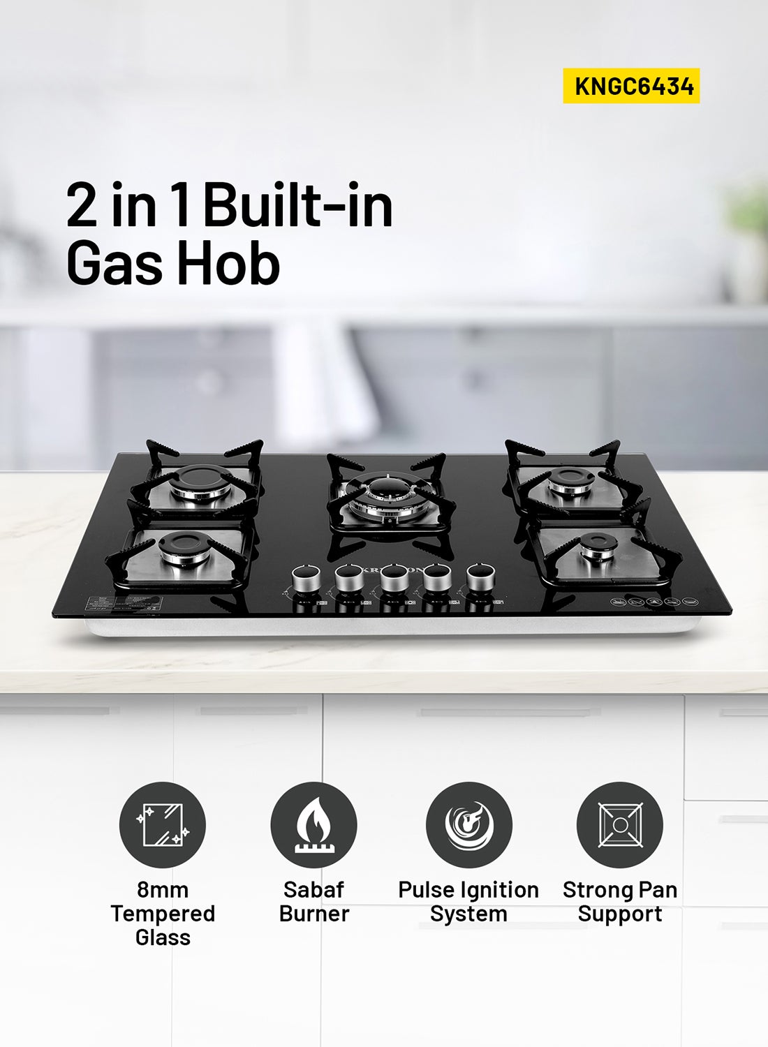 Compare 2In1 BuiltIn Gas Hob  5 Burners, Tempered Glass Top, Stove With Sabaf Burner, Low Consumption And Improved Flow For Efficient Heating Pulse Ignition System, Perfect For Residential Use, Apartment, 2 Years Warranty KNGC at KSA Price