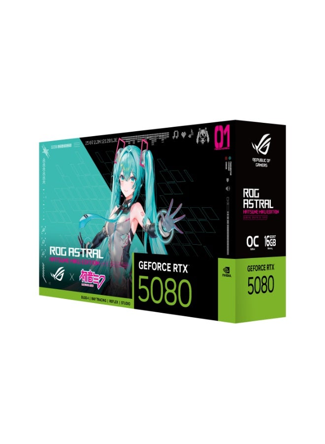 Compare ROG Astral RTX 5080 16GB GDDR7 OC Hatsune Miku Edition PCIe 5.0 Graphics Card – 10,752 CUDA Cores, 2,790MHz Boost, 256bit, DisplayPort 2.1b & HDMI 2.1b, QuadFan Cooling, Dual BIOS, ARGB RGB Lighting | 90YV0LV9M0NM00 BlueBlack at KSA Price