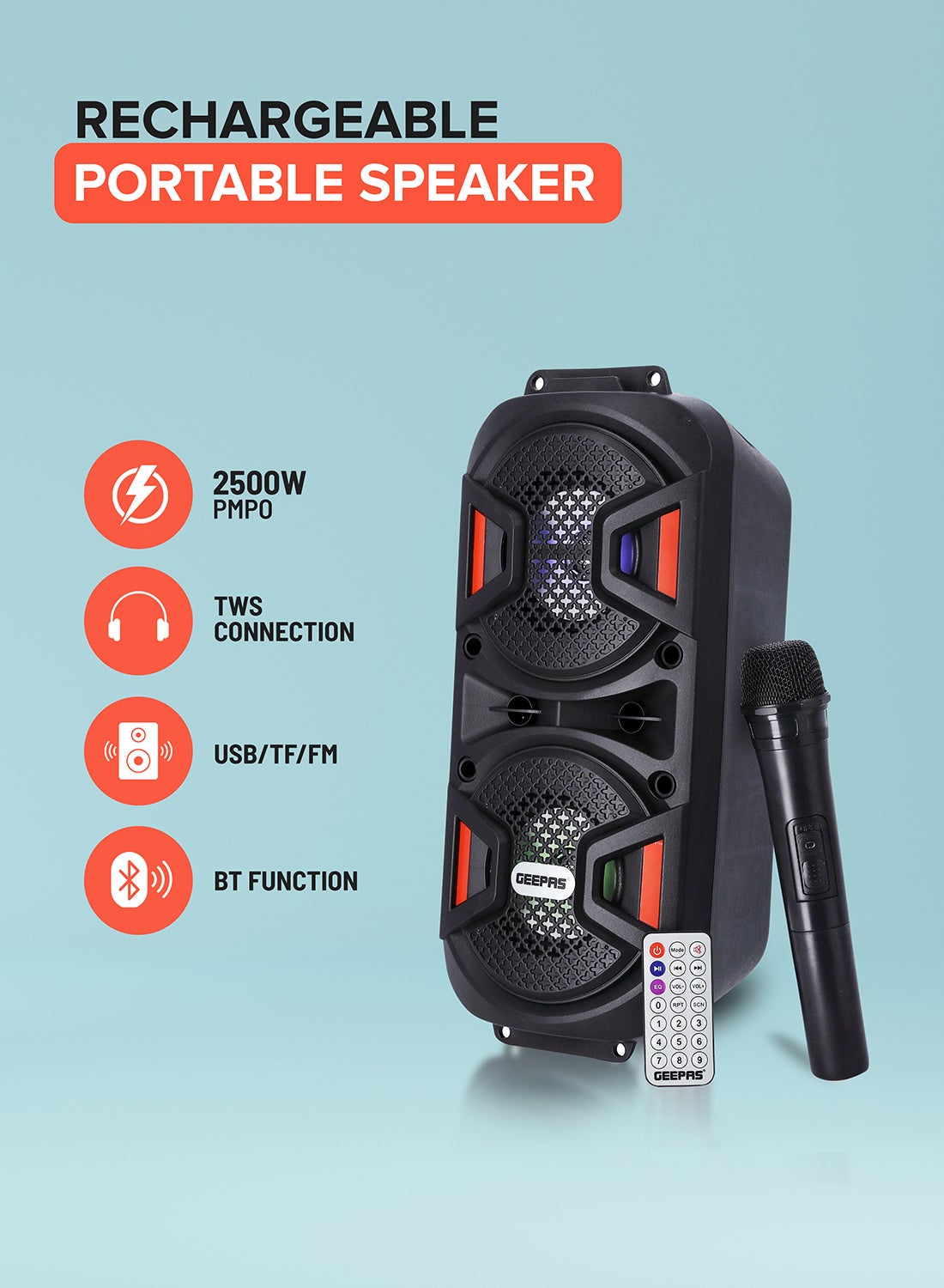 Compare Rechargeable Portable Speaker, Portable Handle with 1500 MAH Huge Battery| TWS Connection & Compatible with BT USB AUX FM Micro SD | Ideal for Home, Hotels, Trips & Outdoor Use GMS11187 Black at KSA Price