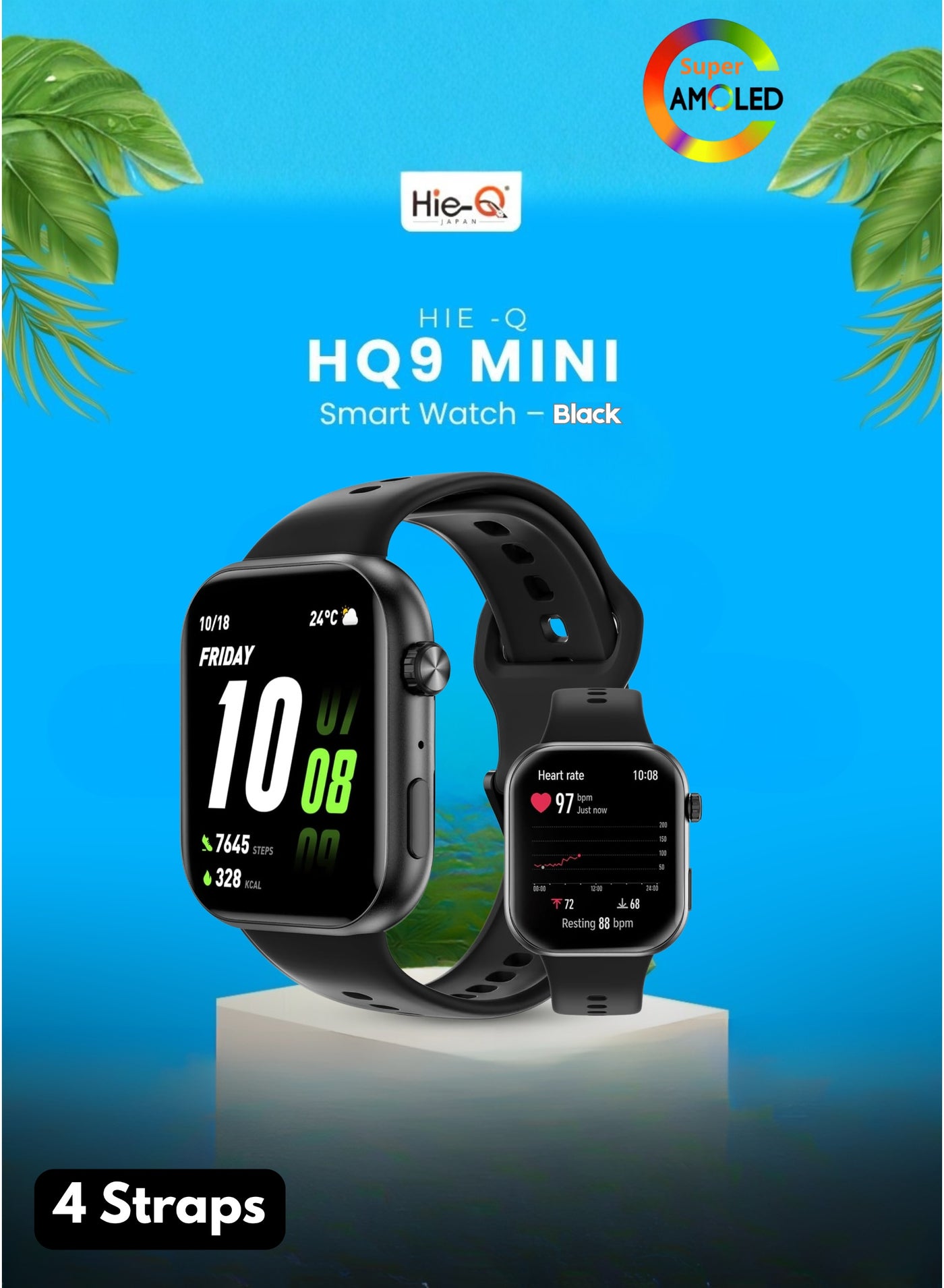 Compare HieQ HQ9 Mini Smart Watch Black– Series 10, AMOLED Display, 4 Interchangeable Straps, Compact Stylish Smartwatch for Women & Girls, Fitness Tracker, Heart Rate & Activity Monitor, Trendy Wearable at KSA Price