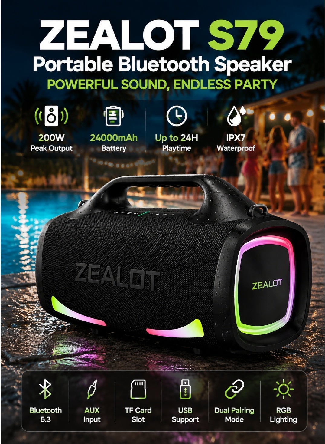 ZEALOT S79 Bluetooth Speaker 200W RMS Deep Bass…