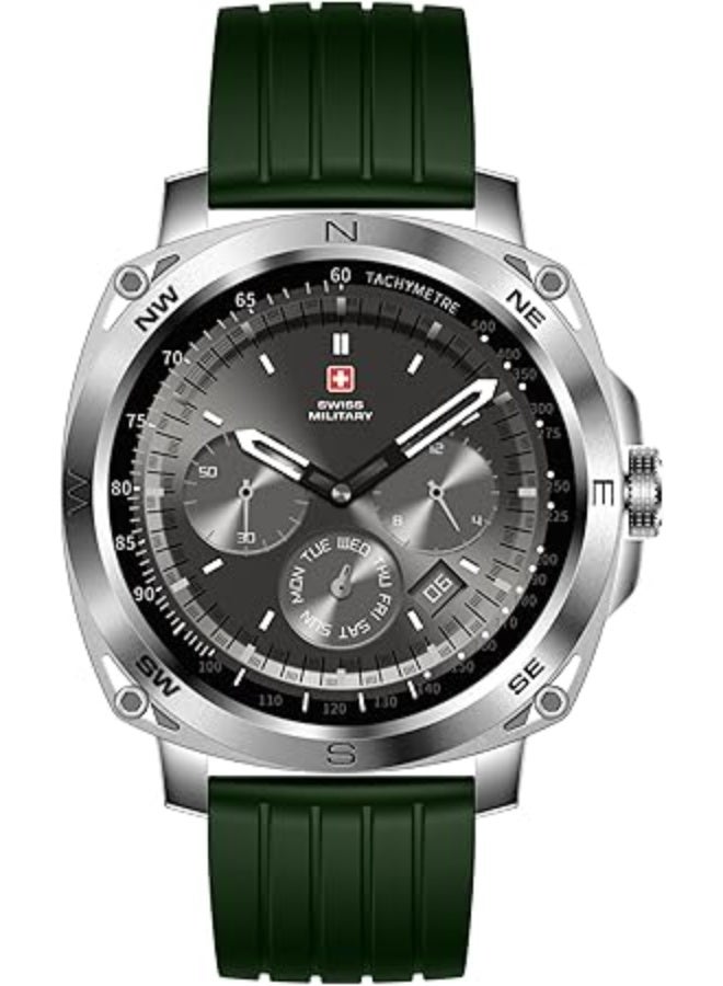 Compare Swiss Military DOM4 Smartwatch 1.43 AMOLED, Bluetooth Calling, Multi Language, Health & Sports Tracking, Wireless Charging, 7 Days Battery, IP67, iOSAndroid Compatible, Silver Frame with Green Strap at KSA Price