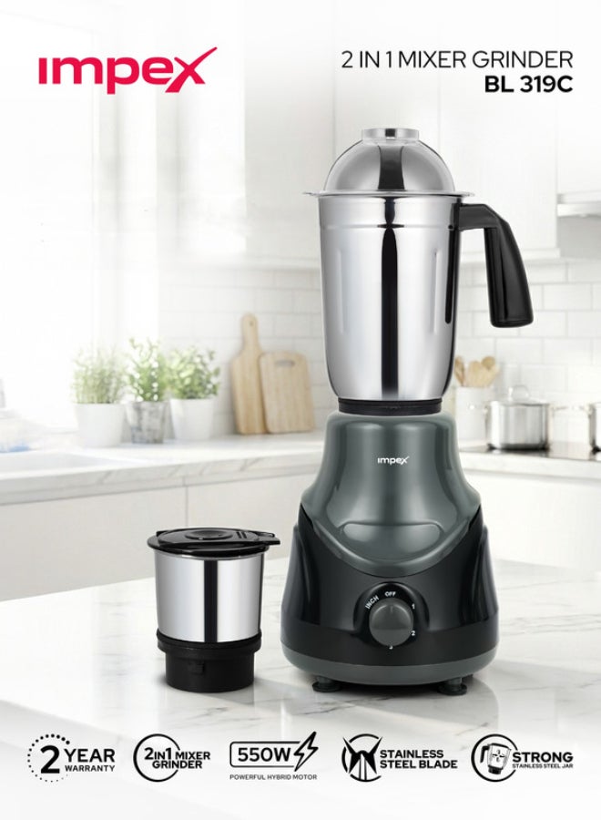 Compare 2in1 Blender Mixer Grinder 550W – Powerful Motor, 3 Speed + Pulse, Stainless Steel Jars & Blades, Overload Protection, Multipurpose Kitchen Appliance 550 W BL 319C Black at KSA Price