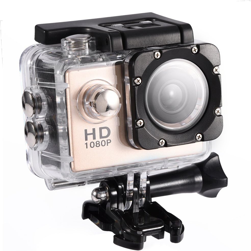 Compare Action Camera Waterproof Outdoor Sports Cam with Waterproof Housing Case, Cycling Sports Mini DV Camcorder Build in Rechargeable Batteries with Mounting Accessories KitsGoldGold at KSA Price
