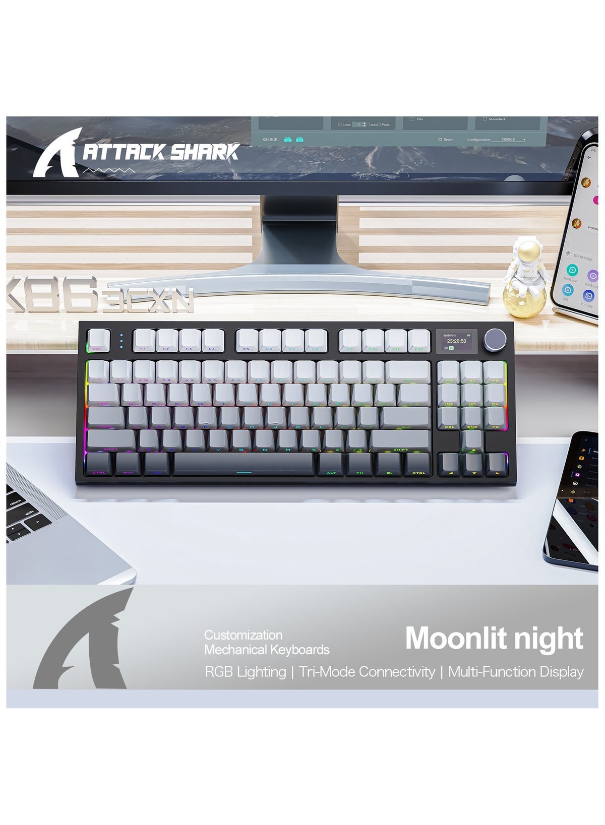 Compare K86 RGB Wireless Mechanical Gaming Keyboard – Gasket Mount – Triple Mode Bluetooth 5.0, 2.4G, USBC – 87Key HotSwappable – Smart TFT Display – Metal Volume Knob – 4000mAh Battery – PBT Keycaps – PCLaptopMac Compatible Lavender Blue at KSA Price