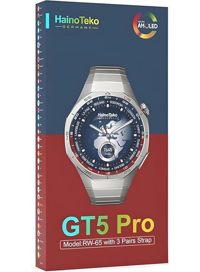 Compare HainoTeko Germany GT5 Pro RW65 Smartwatch with HD IPS AMOLED Display and 3 Pairs of Straps, Black at KSA Price