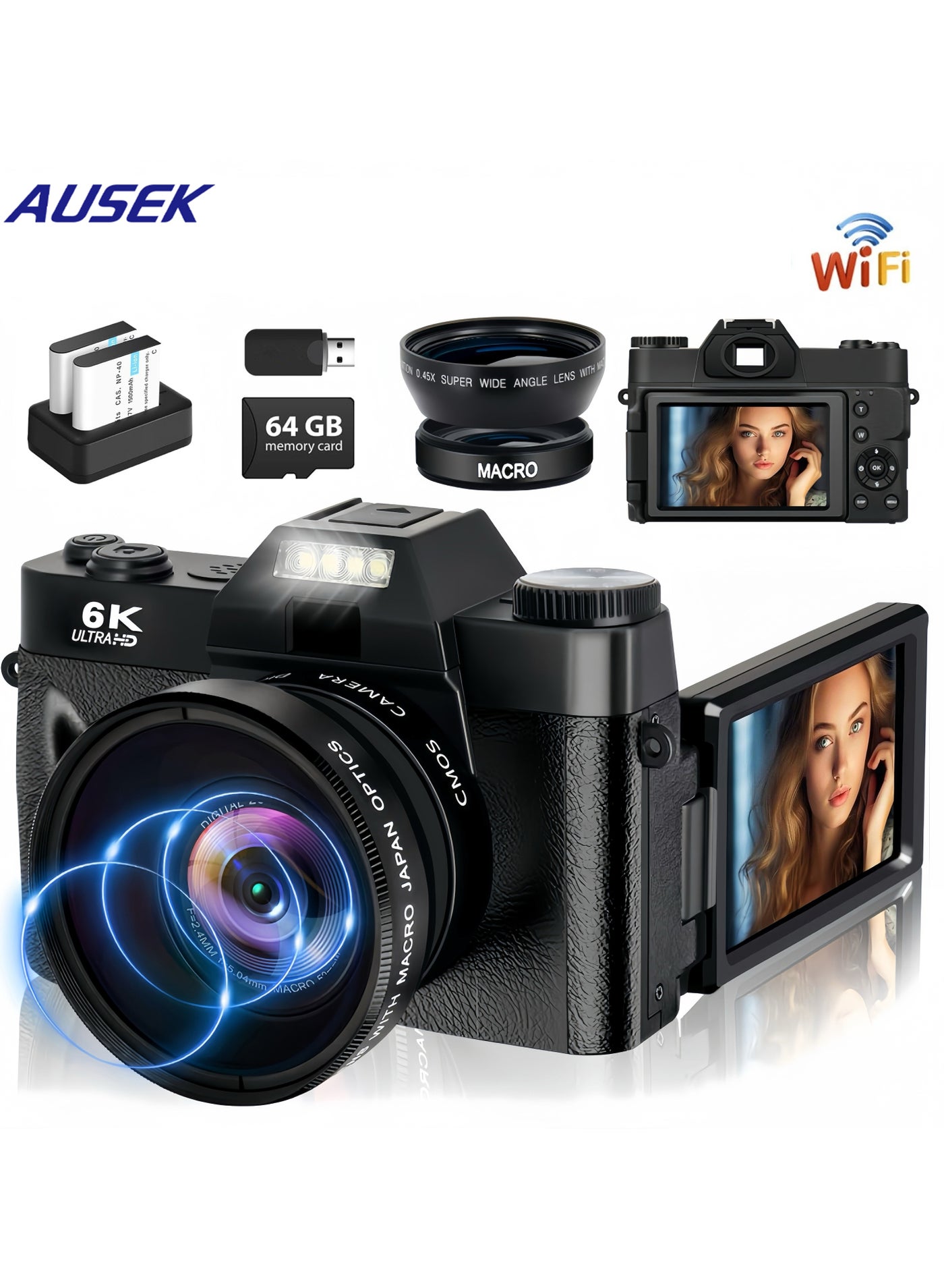 Compare 6K Digital Camera for Photography, 64MP Vlogging Camera with 3 180° Flip Screen, 16X Zoom Autofocus Compact Travel Beauty Cameras for Teens, with Wide Angle & Macro Lens, 2 Batteries, 64G SD Card at KSA Price
