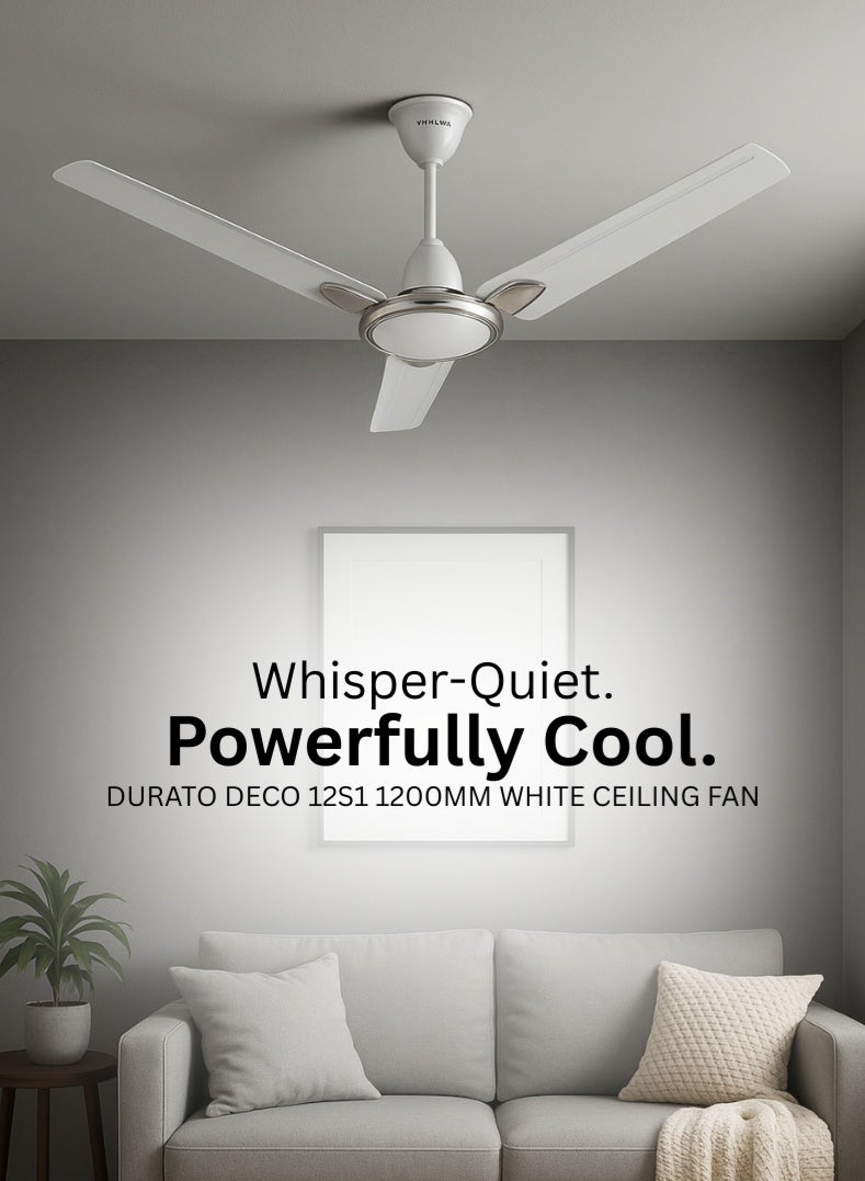 Compare Durato Deco 12S1 1200mm HighSpeed Ceiling Fan with Decorative White Finish, Powerful Air Delivery, Energy Efficient Motor & Elegant Design – 53 W 251459EE white at KSA Price