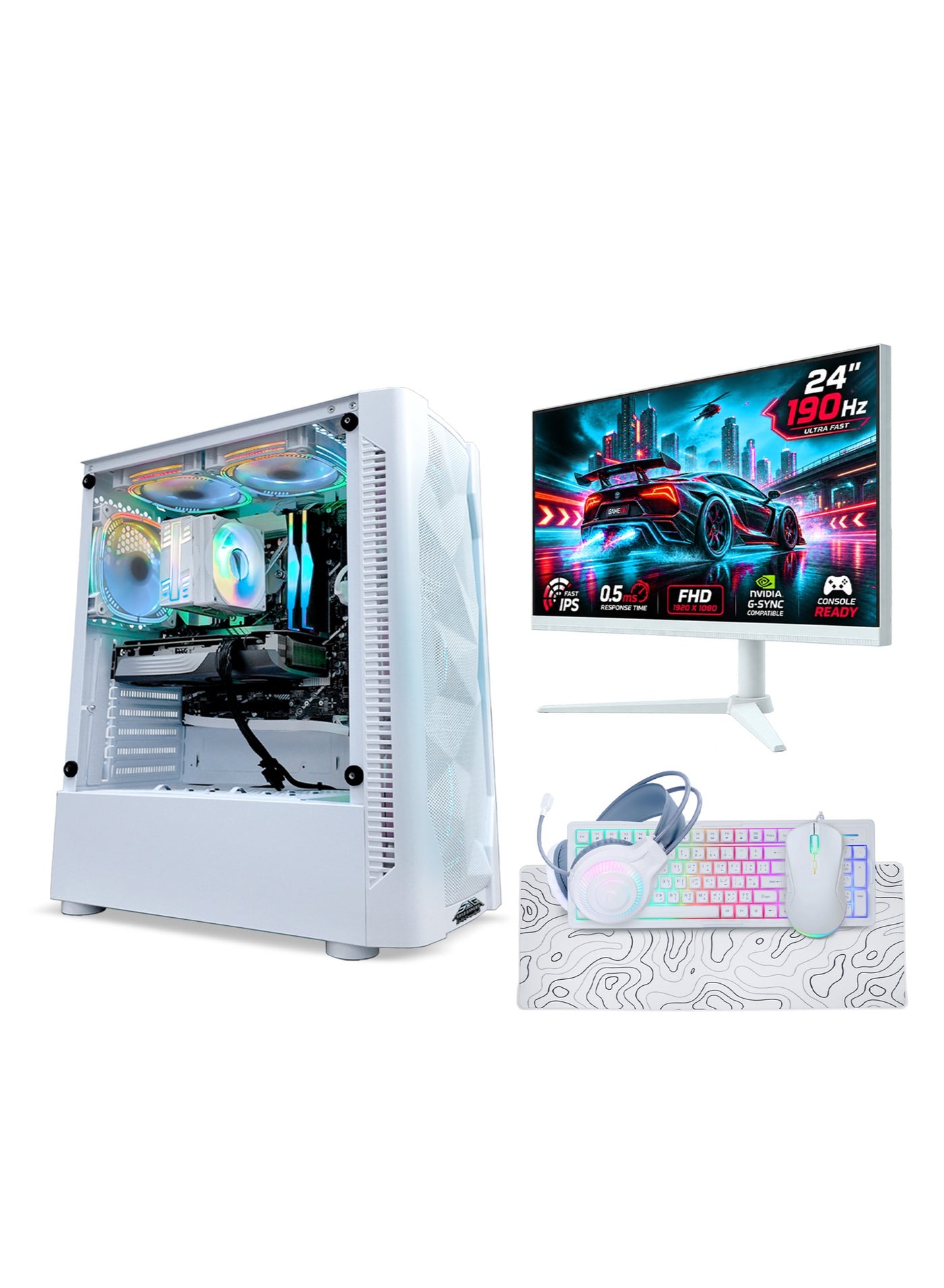Compare AllinOne White Gaming PC Bundle  Intel Core i512400F, NVIDIA GeForce RTX 5060 8GB, 16GB RAM, 1TB NVMe SSD, 24 FHD 190Hz Monitor, Keyboard, Mouse, Headset Combo, Windows 11 Pro at KSA Price