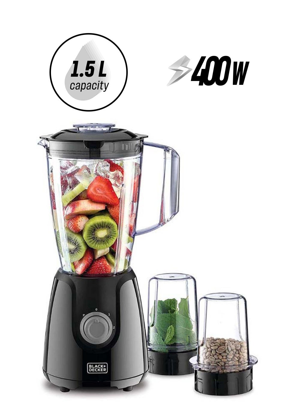 Compare Blender with Grinder Mills, 1.5L Jar, 2x 300ml Grinding Mills, Stainless Steel Blades, 2Speed with Pulse Control, Perfect for Smoothies, Coffee, Herbs, and Spices, 1.5 L 400 W BX440B5 Black at KSA Price