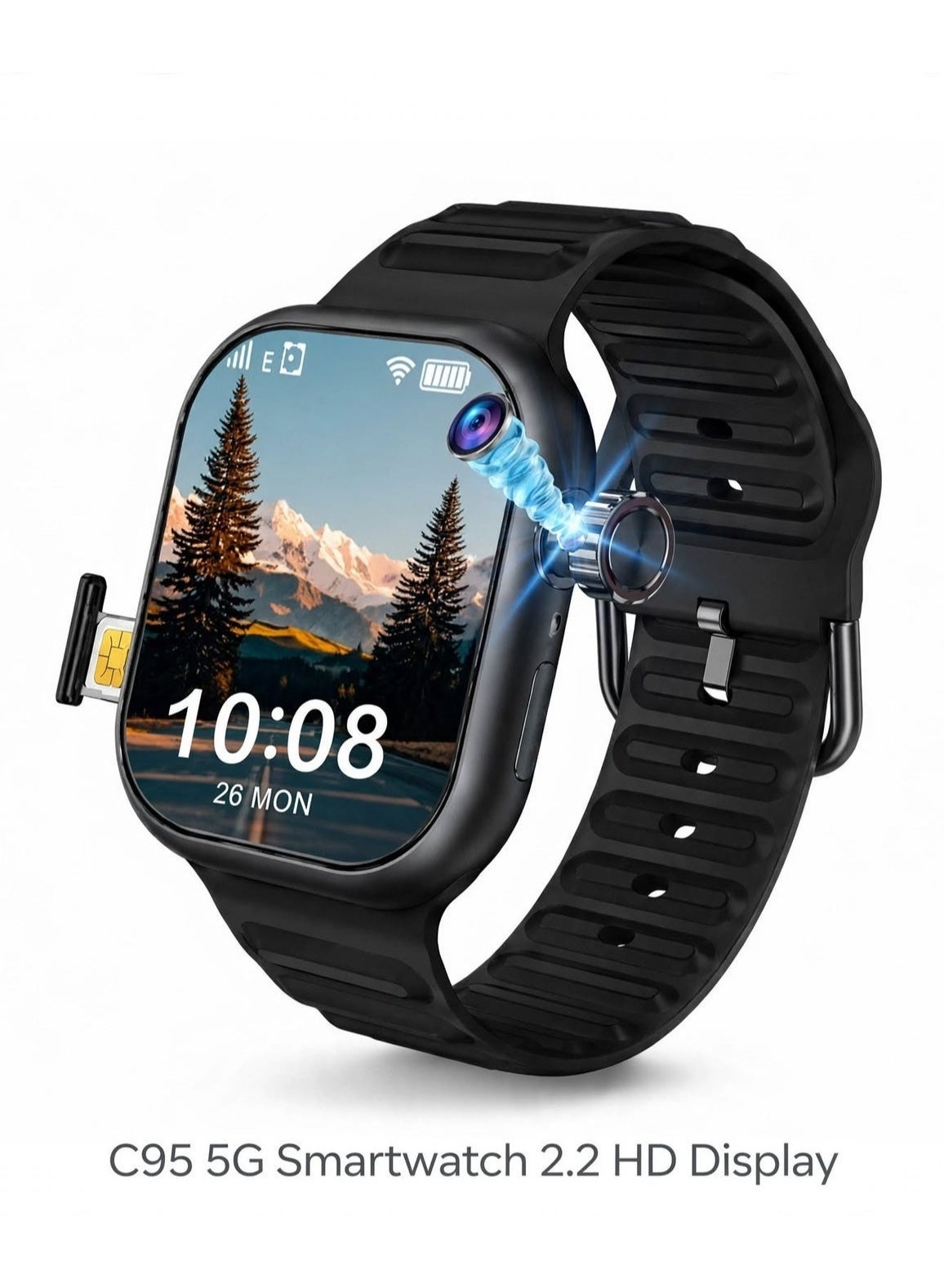 Compare C95 5G Smartwatch 2.2 Inch HD Super AMOLED Large Screen with 360° Rotating 200W Camera, SIM Card Slot, 800mAh Battery, GPS, WiFi, Android Smart Watch with Steel & Silicone Straps at KSA Price