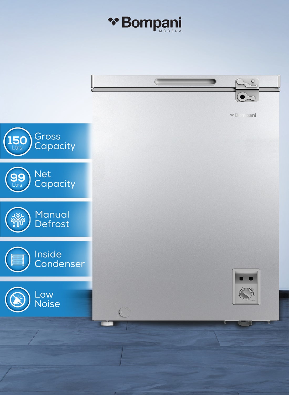 Compare 150L Gross  99L Net Capacity Chest Freezer, Convertible, Defrost, Lock & Key, 1x Basket, 220240V, R600a Refrigerant 129 kg 400 W BOCF150I Silver at KSA Price