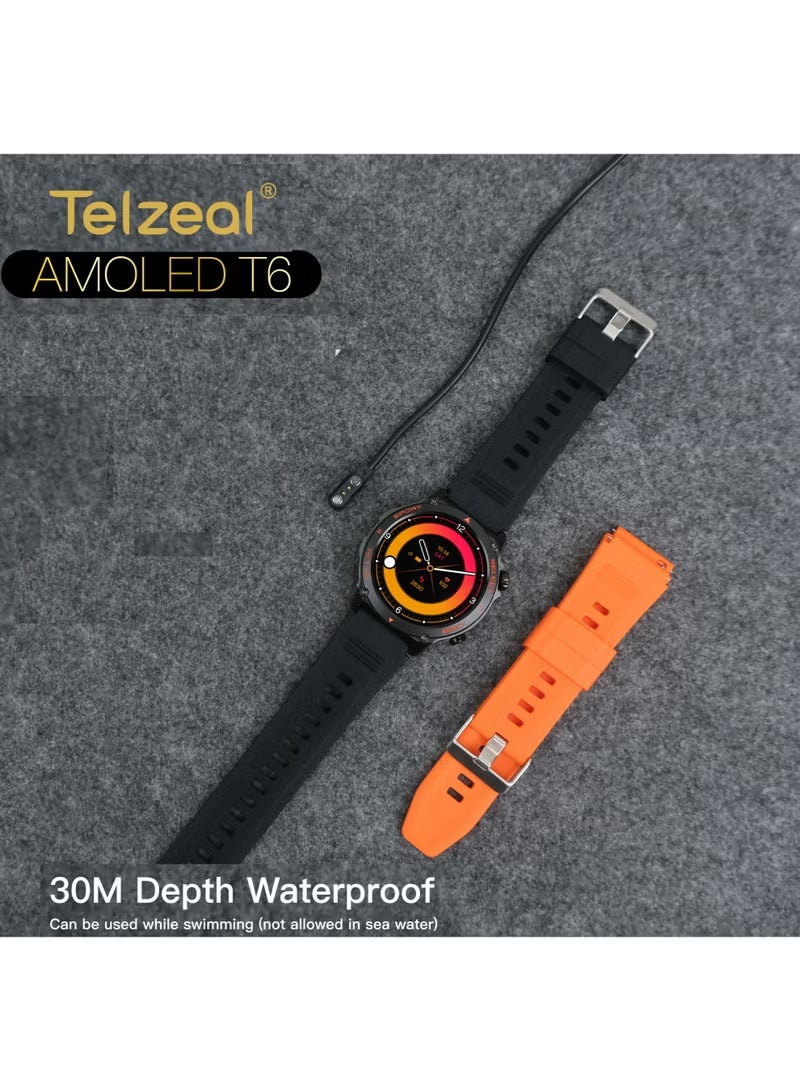 Compare AMOLED T6 Smartwatch with Vibrant AMOLED Display – 30M Waterproof, 2 Interchangeable Straps, Magnetic Charger, Fitness & Health Tracking, Sleep Monitoring, Bluetooth Notifications, Stylish Black Design for Men, Sports, Work, Daily Wear at KSA Price
