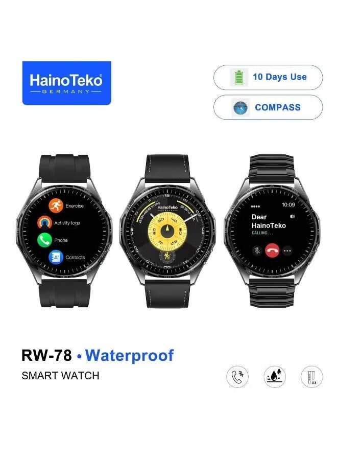 Compare RW78 Smart Watch for Men & Women, Waterproof Design, AMOLED Screen, Bluetooth Calling, 10Day Battery, 3 Interchangeable Straps & Charging Cable – Sleek Black at KSA Price