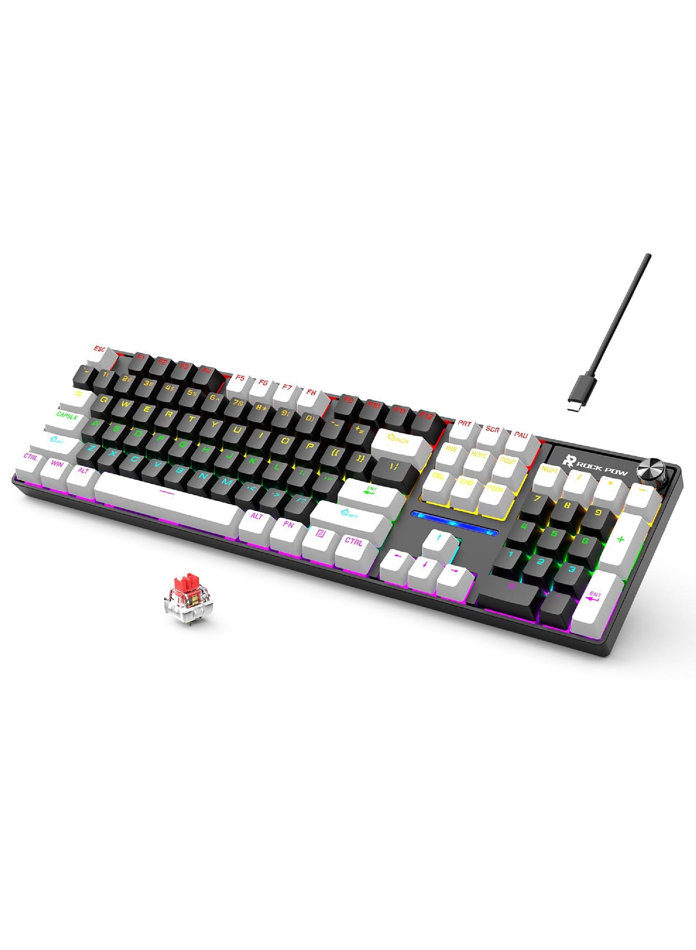 Compare ROCK POW Wired Gaming Keyboard English 104 Keys Mechanical Keyboard with RGB Backlit 19 Modes, Media Control Knob, PBT Keycaps for PC Gaming and Working Red Switch at KSA Price