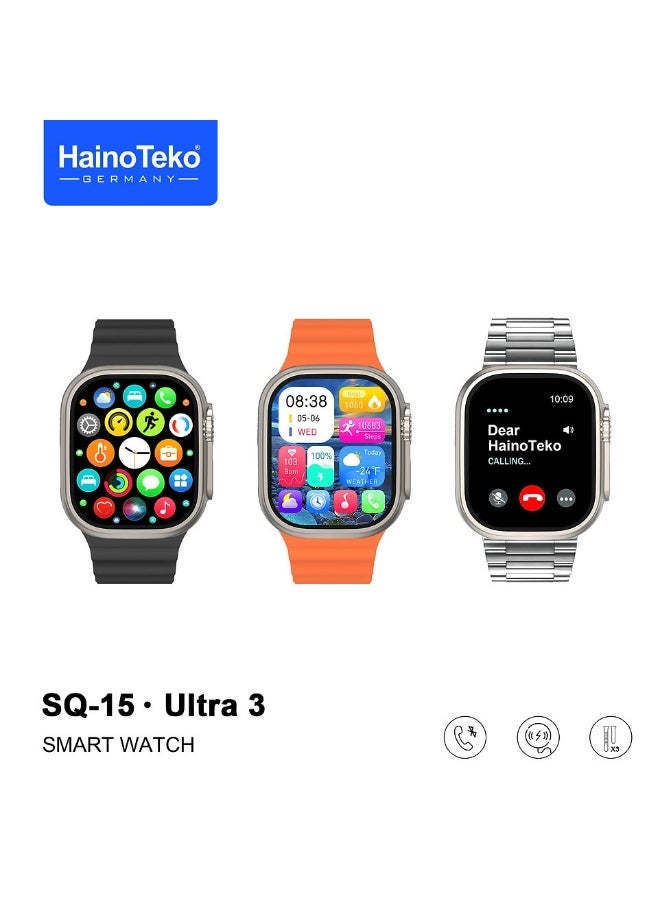 Compare SQ15 Ultra 3 Smart Watch – Silver, AMOLED Display, Bluetooth Calling, 3 Interchangeable Straps, Fitness & Activity Tracker, Heart Rate & Sleep Monitoring, Notifications, Stylish Design, Charging Cable Included, Unisex at KSA Price