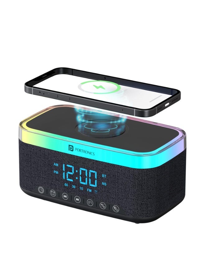 Compare Portronics Trifusion 16W HD Sound Bluetooth Speaker with 15W Wireless Charging, 360°RGB LED Lights, Digital Clock with Alarm Setting, Builtin White Noise, USBSD CardAUX in, Type C ChargingBlack at KSA Price